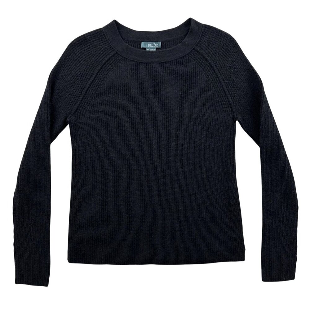 NEW Griffen Cashmere Black Exposed Seam Ribbed Knit Pullover Sweater XS